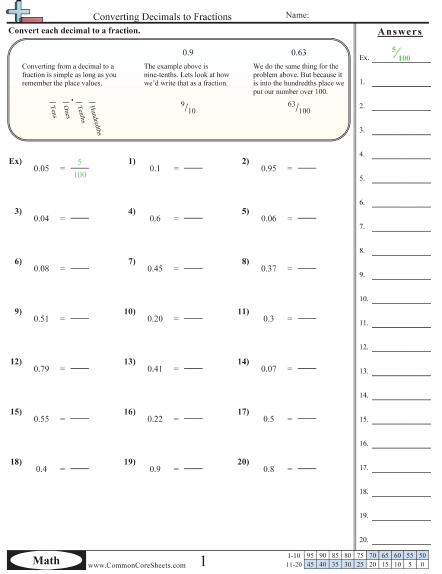 Converting Forms Worksheets - Converting Decimals to Fractions (10ths & 100ths) worksheet